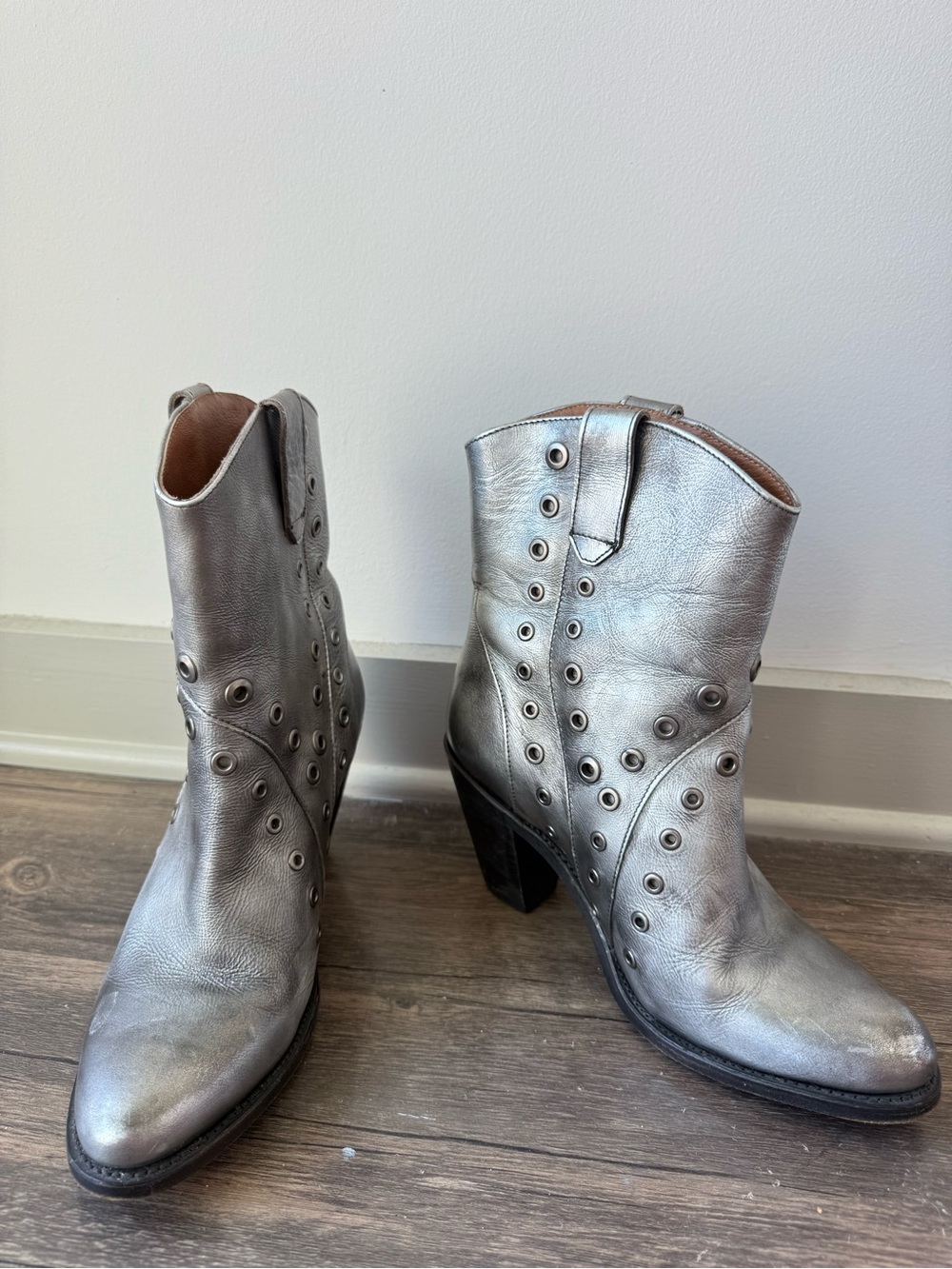 Frye Silver Leather Studded Ankle Boots